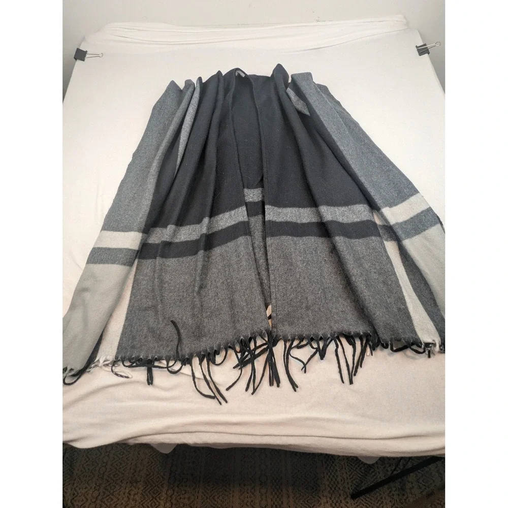 Unbranded Black Grey Color Block Open Poncho Wrap Fringed Oversized Shawl OS